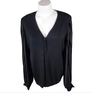 Adrianna  Papell Sheer Pleated Bishop Sleeve Cardigan Black Size Large